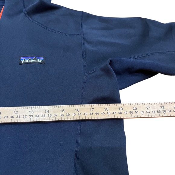 Patagonia Mens S Full Zip Fleece Hoodie Navy Blue Orange Trim Buffalo Logo A12 - Picture 2 of 5